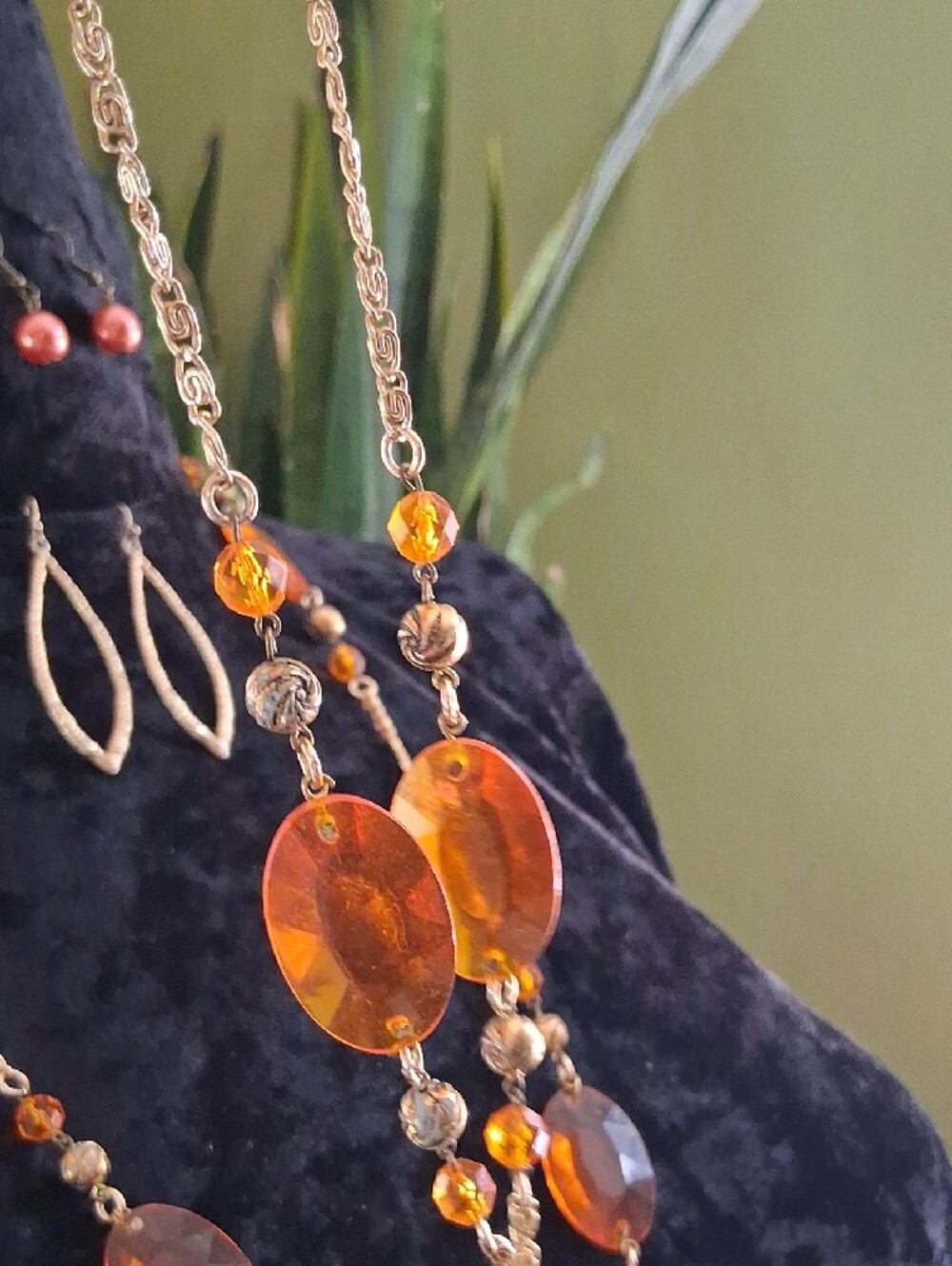 Vintage Gold and Orange Faceted Bead Long Necklace with Earrings - Picture 9 of 11